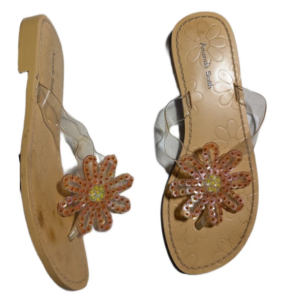 Vtg Y2K Amanda Smith Transparent Vinyl Sequin Flower Toe Post Thong Sandals 6.5